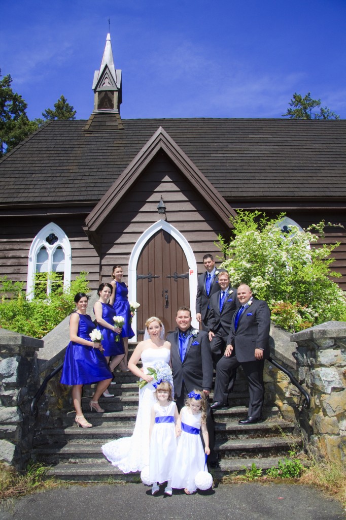 Wedding party outside of a church in DUncan BC
